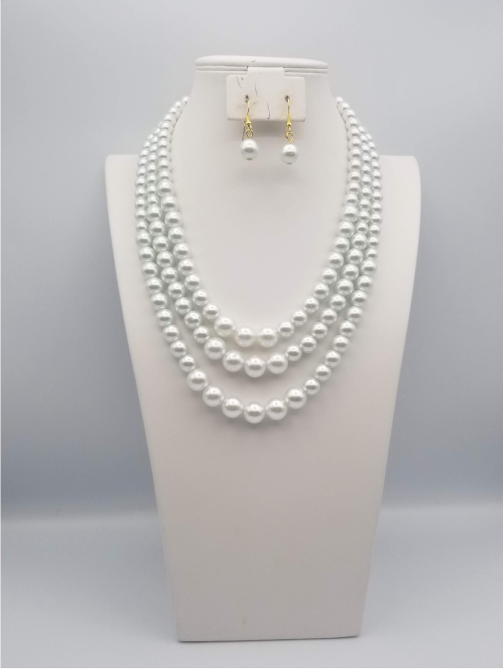 Classic White Pearl Multi-Strand Necklace with Dangle Earrings